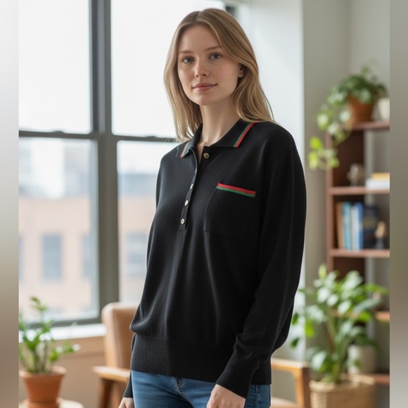 Karl Lagerfeld Sweaters - Karl Lagerfeld Black Polo with Blue Detail -Elevated Casual Wear - Size M